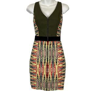 Rachel Roy Womens Olive Sheath V-Neck Front Zip Cotton Aztec Print Dress sz 2